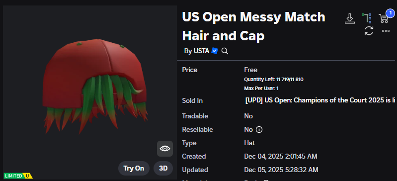 Xh0PlUgc's tweet image. 🔴New limited item &amp;lt;&amp;lt; US Open Champions of the Court &amp;gt;&amp;gt;

📦Stock: 11,810
❗How to get it: You will need to win 3 best of 2 games, and play 3 best of 5 games, open 4 gacha boxes, and then you can get it.

➡️roblox.com/catalog/126209…
➡️roblox.com/games/14298053…

#Roblox #RobloxDev…