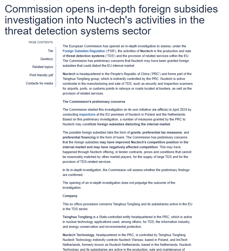 Breaking: European Commission has opened an in-depth foreign subsidies investigation into Chinese security scanner company Nuctech's activities in the threat detection systems sector

This is an advancement of the probe launched last year, over which Nuctech sued the commission