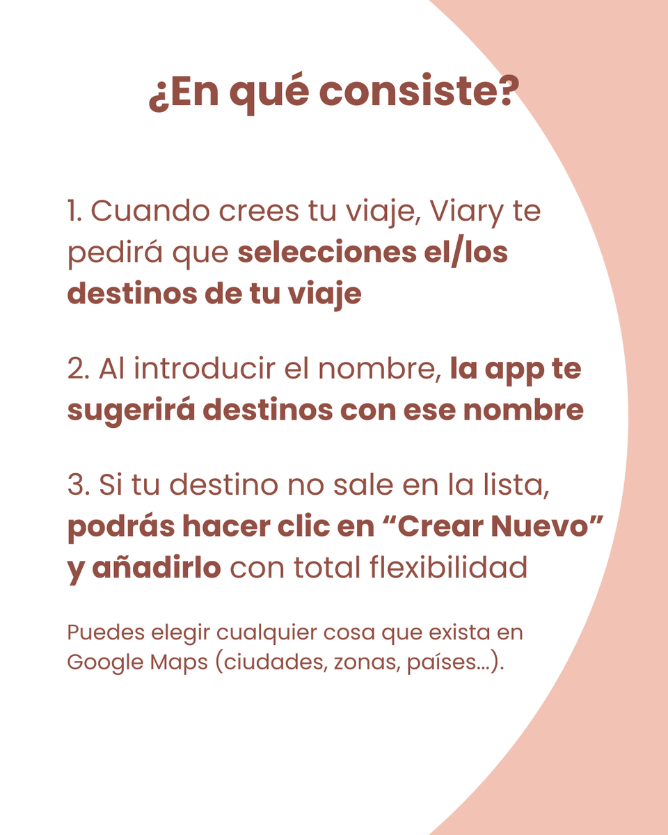 ¡Crea TU viaje sin límites! ✈

En Viary puedes crear y organizar tus viajes a cualquier
destino del mundo.

▪️¿París? Sí.
▪️¿Marruecos? Sí.
▪️¿Arganda del Rey? Sí.
▪️¿Tu pueblo de la playa? Siempre sí.

Si lo tenemos en nuestra lista, lo añades. Y si no, lo
creas y listo.