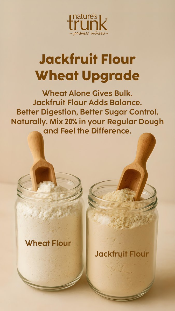 Natures_Trunk's tweet image. Upgrade your daily rotis naturally! 🌾✨
Mix just 20% Jackfruit Flour with your regular wheat flour for better digestion, improved sugar control, and a lighter, healthier meal — every day.
Balance your diet the smarter way with Nature’s Trunk Jackfruit Flour. 🌿💛
#JackfruitFlour