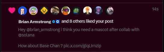 BaseChanSol's tweet photo. NO WAY @brian_armstrong JUST LIKED OUR TWEET 

THE CEO OF COINBASE, HIGHER FOR $BASECHAN

2bUYrED7TbkVy6V6R9dZVrUaXATbzez3mkdVNiqhpump https://t.co/NZeBUk6TRL