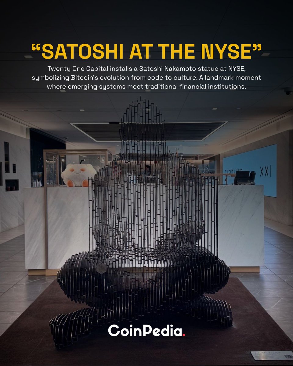 #SatoshiNakamoto: Wall Street Debut

<a href="/jackmallers/">Jack Mallers</a>’ company, Twenty One Capital, has unveiled a statue of #Bitcoin’s elusive creator, Satoshi Nakamoto, at the New York Stock Exchange.

🧵(1/2)

#CoinPedia #Crypto #Blockchain #CryptoCommunity