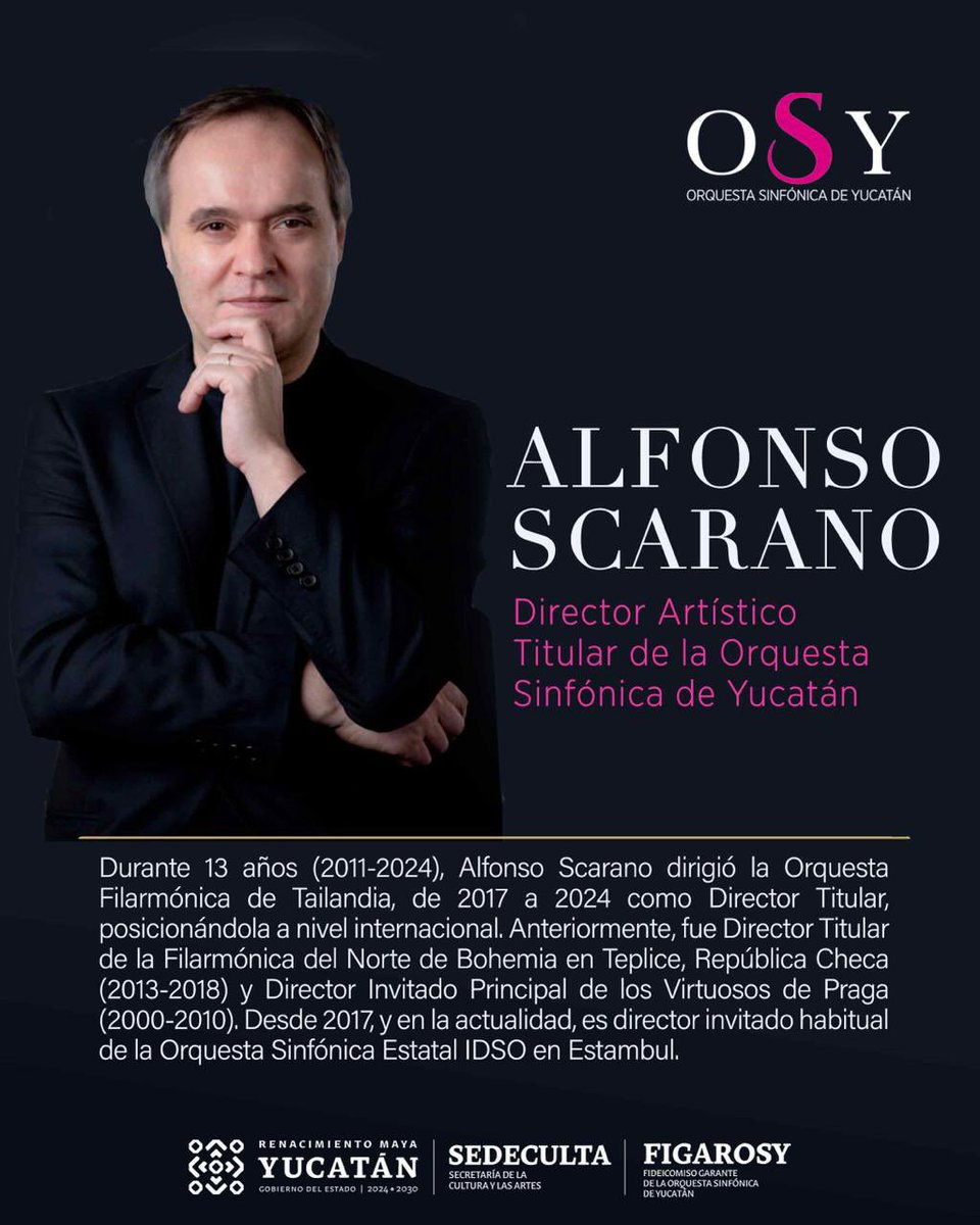 Alfonso Scarano elected 𝐃𝐈𝐑𝐄𝐂𝐓𝐎𝐑 𝐀𝐑𝐓𝐈𝐒𝐓𝐈𝐂𝐎 𝐓𝐈𝐓𝐔𝐋𝐀𝐑 of the <a href="/SinfonicaYuc/">Orquesta Sinfónica de Yucatán</a> in Merida 🇲🇽 𝐌𝐄𝐗𝐈𝐂𝐎  with a very high number of votes by 𝐎𝐒𝐘 musicians.
#alfonsoscaranoconductor 
#alfonsoscarano 
#directortitular 
#merida 
#Yucatan 
#Mexico