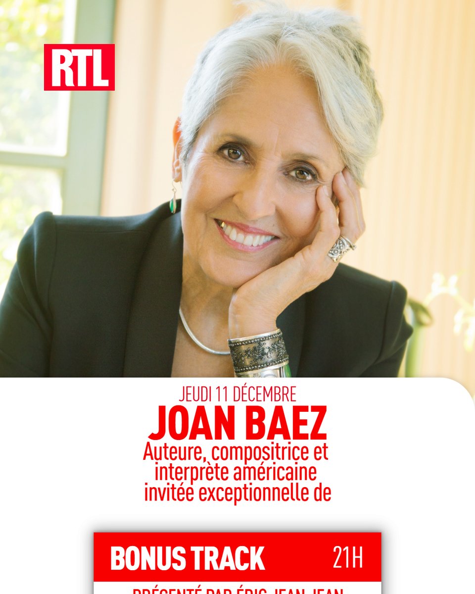 🎙️🎸🎵 Ce soir, ne manquez pas #BonusTrack sur #RTL ! À partir de 21h, <a href="/eric_jeanjean/">Eric Jean-Jean</a> recevra une invitée exceptionnelle : <a href="/joancbaez/">Joan Baez</a>