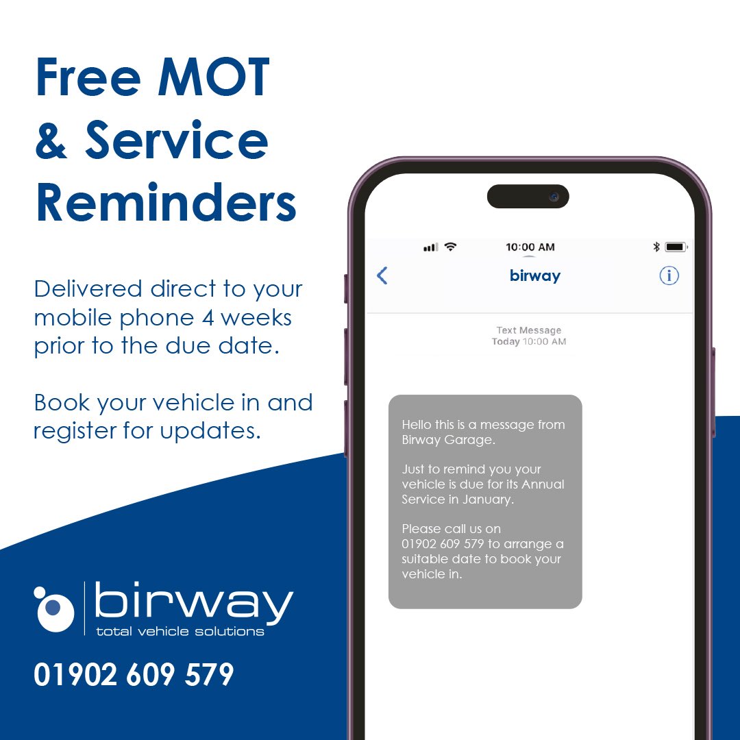 Never miss an MOT or Service with our Free Text Reminders service.   

#garages #vehiclemots #vehicleservicing #willenhall #wolverhampton #walsall