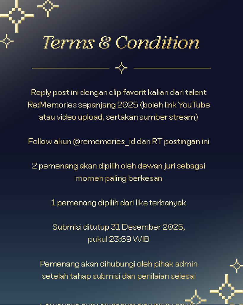 Rememories_id's tweet image. 𝐒𝐢𝐠𝐧𝐚𝐠𝐞 𝐨𝐟 𝐆𝐫𝐚𝐭𝐢𝐭𝐮𝐝𝐞 - 𝐓𝐰𝐢𝐭𝐭𝐞𝐫 𝐄𝐯𝐞𝐧𝐭 ✨

Menangkan Pin Badge Limited Edition Re:Memories 2025 

Ayo reply tweet ini dengan clip talent Re:Memories favorit kamu di tahun ini

Baca T&amp;amp;C untuk info lebih lanjut - Batas submisi 31 Desember 2025