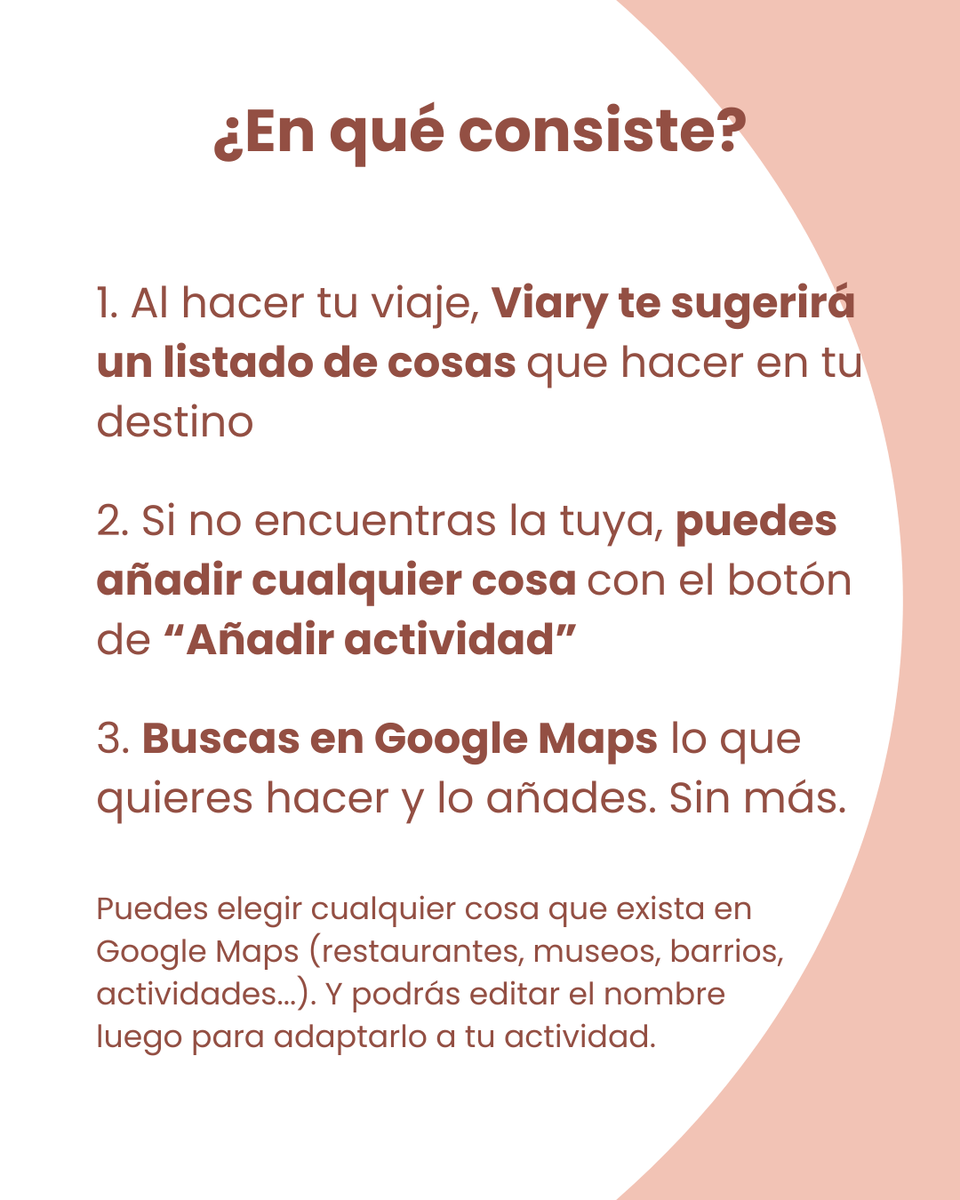 Haz LO QUE QUIERAS en tu viaje 🎉

¿Ver un museo? ✅
¿Pasear por un barrio? ✅
¿Comer en un restaurante? ✅
¿Asistir a un concierto? ✅
¿Ir a casa de tus amigos? ✅

En Viary podrás meter cualquier actividad en tu viaje
para no dejarte nada por planificar.