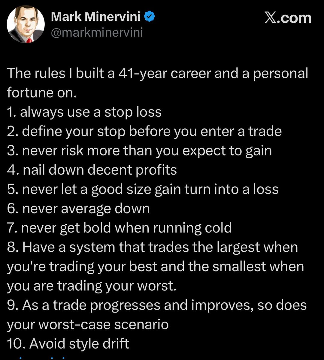 Mark Minervini'yi 41 yıllık başarılı yatırım/trading kariyerine ve zenginliğine götüren 10 kural:

1. Her zaman stop loss kullan.
2. Stop lossunu pozisyona girmeden önce belirle
3. Kazanmayı umduğundan fazla riske girme
4. Sağlam kazançları cebe at
5. İyi bir kazancı asla kayba