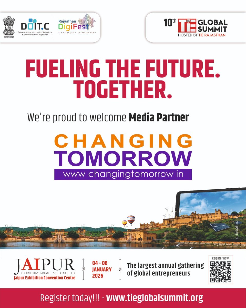 Empowering ideas that shape the future. ✨

We are delighted to welcome Changing Tomorrow as our Media Partner for the Rajasthan DigiFest × 10th TiE Global Summit.

Join us at the largest annual gathering of global entrepreneurs — 4th to 6th January 2026 at JECC Jaipur.