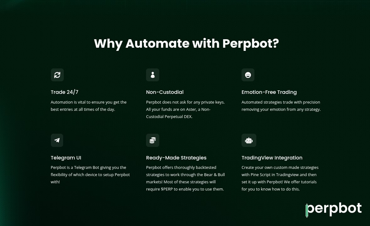 ThePerpBot's tweet photo. Why automate with Perpbot?

🔄 Trade 24/7
🔒 Non-Custodial 
😭 Emotion-Free - Let Perpbot trade with precision
📱 Telegram UI
💸 Ready-Made Perpbot Strategies you can enable in a click
🤖 TradingView Integration - Create complex strategies with indicators etc

$PERP $ASTER