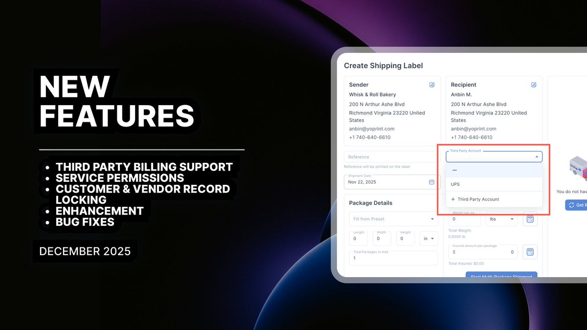 🎉 December 2025 Update is live!

🚚 Shippo 3rd-party billing
🔐 Granular Service permissions
🔒 QBO record locking
📦 Smarter PO duplicate detection
📨 Better shipment details
🔢 Cleaner quantity entry
🐞 Major bug fixes
Full update 👉 yoprint.com/updates/end-of…