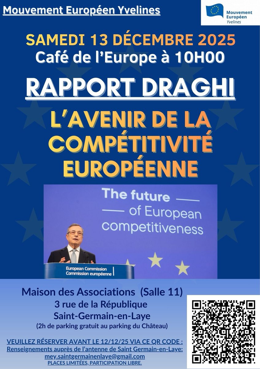 J-2: Café Europe 🇪🇺 de Noël ✨️ 
📅 13 /12/ 2025 à 10h
📍Maison des Associations de <a href="/StGermainLaye/">St-Germain-en-Laye</a> 
📣Nos Jeunes ont du Talent. Une Jeune Européenne présente et analyse le Rapport Draghi. La discussion sera suivie d'un échange convivial autour de spécialités 🇪🇺 de Noël ✨️.