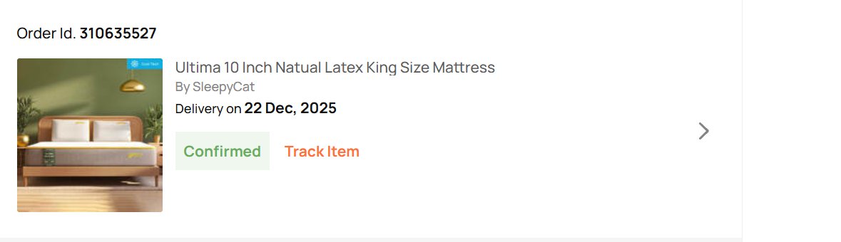 .<a href="/Pepperfry/">Pepperfry.com</a>, There is no mention of the King Size in the order history. How will you ensure that the size I chose will be delivered (there are 3 different options in "King Size")? <a href="/SleepyCat_India/">SleepyCatIndia</a>, Please look into this and guide your e-commerce partner.