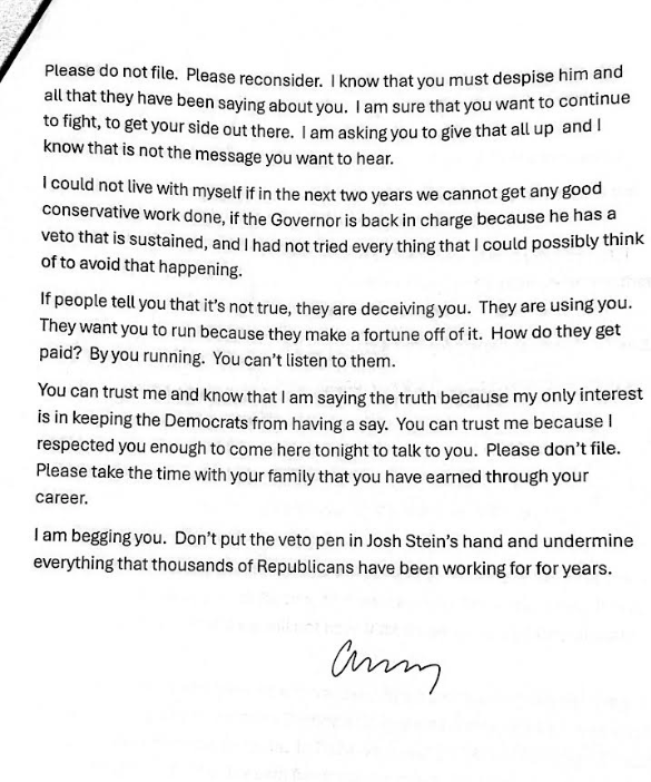 State Senator <a href="/amyscottgaley/">Senator Amy Galey</a> of Alamance county, who serves <a href="/SenatorBerger/">Senator Phil Berger</a> in Republican leadership as Majority Whip, drove all the way up to Rockingham to deliver a personal letter pleading with <a href="/SheriffPage/">Sheriff Sam Page</a> not to challenge Berger in next year's election.

Amy Galey's letter