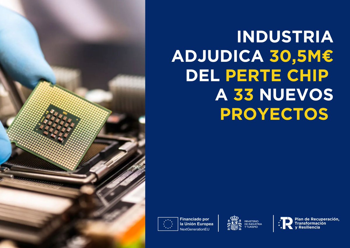 minturgob's tweet photo. 🆕Industria aprueba provisionalmente 33 nuevos proyectos del PERTE CHIP
30,5 millones de euros en ayudas para impulsar iniciativas de diseño de chips, sensores avanzados y tecnologías de encapsulado y ciberseguridad.
ℹ️Consulta la información: https://t.co/Gg2HcHSByD https://t.co/LQQyFjWv6B