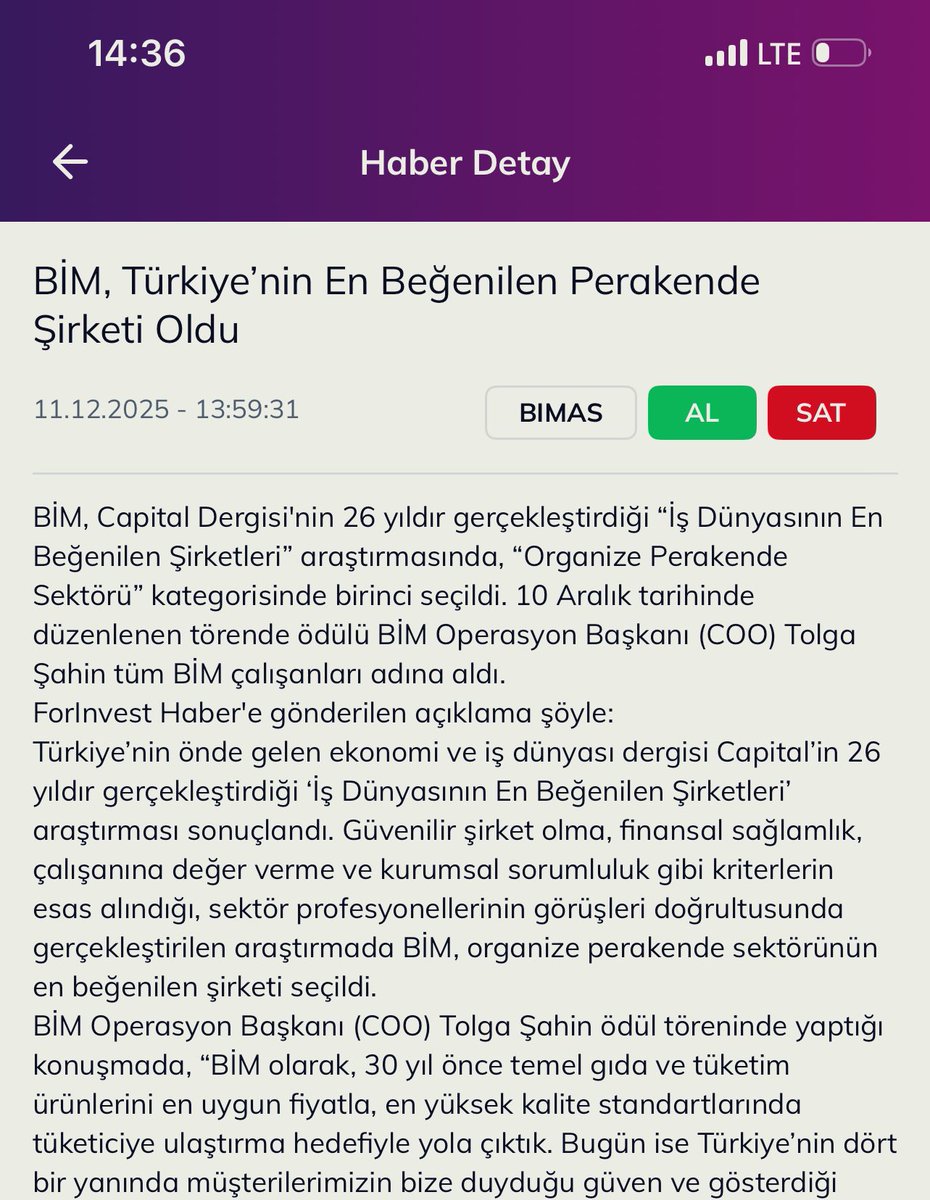 🟢#BİM, #Capital Dergisi'nin; 
“İş Dünyasının En Beğenilen Şirketleri” araştırmasında, “Organize #Perakende Sektörü” kategorisinde birinci seçildi. #BIMAS #bist #endeks #gram #altın #ons #btc #coin #gıda #dow #dax #pnsut #Selva #ulker #selgd #mgros #sokm #krvgd #akbnk #ykbnk
