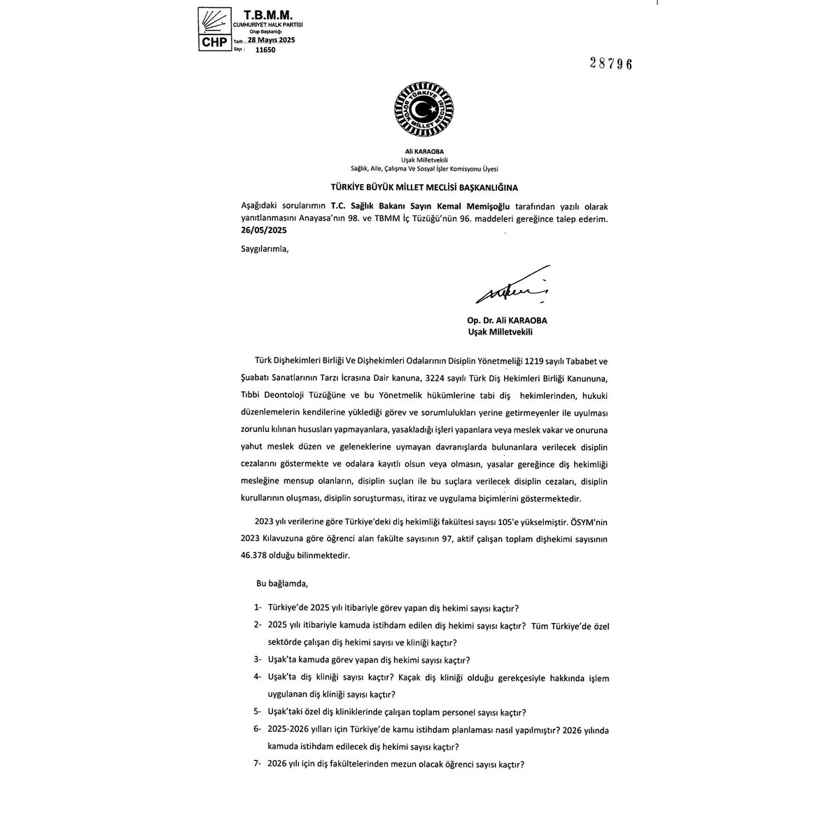 Sağlık Bakanlığı diş hekimlerini yok saymaya devam ediyor! 

7.5 aydır Türkiye'nin diş hekimler konusundaki planlamasını, Bakanlığın elindeki verileri, şehrim Uşak'ın bu alandaki ihtiyaçlarını öğrenemiyoruz. Sağlık Bakanlığı yurttaşı ve TBMM'yi yok saymayı bir an önce