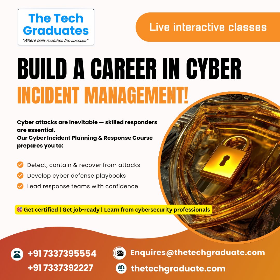 theTechGraduate's tweet photo. 🌐 https://t.co/2l7i9u8HsI | Secure Your Future with a Career in Cybersecurity!
💻 Learn. Defend. Lead. 📞 +91 7337395554 | ✉️ Enquires@thetechgraduate.com
With cyber threats on the rise, cybersecurity experts are in high demand. https://t.co/jEjgur6QBo