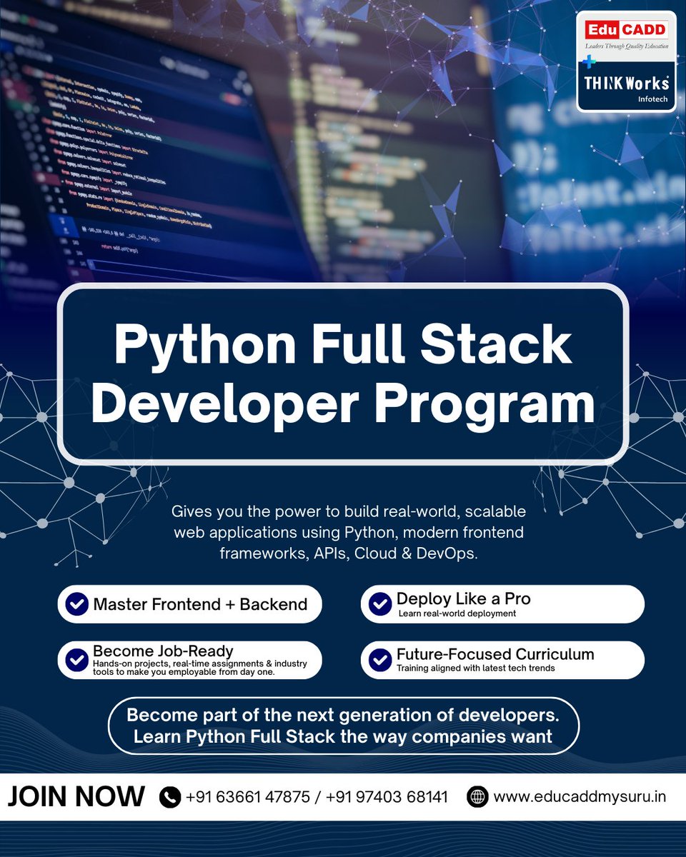 thinkworksmys's tweet image. Dreaming of building powerful, real-world web applications? 
Become a Python Full Stack Developer and master everything from Frontend to Backend, APIs, Cloud &amp;amp; DevOps in one job-ready program.

#PythonFullStackDeveloper #FullStackDevelopment #PythonTraining #FullStackCourse