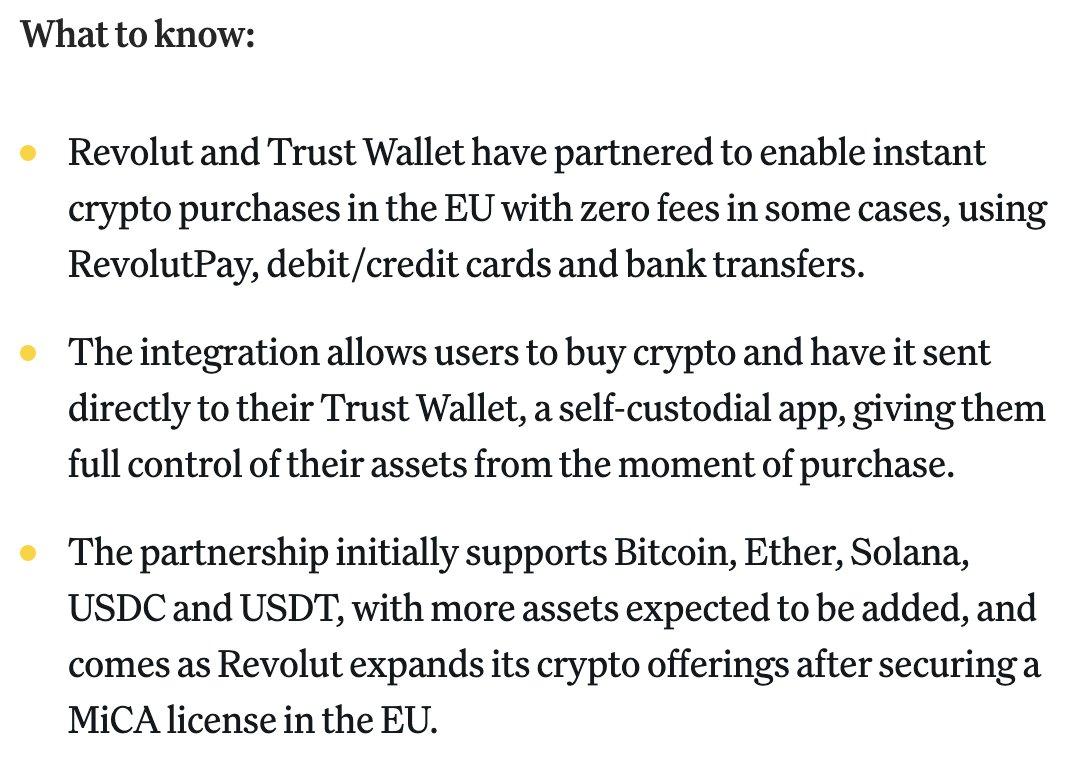 BREAKING: REVOLUT AND TRUST WALLET LAUNCH INSTANT CRYPTO BUYS IN EU WITH  SELF-CUSTODY FOCUS - INITIAL SUPPORT FOR BITCOIN, ETHER, SOLANA, USDC AND  USDT SOURCE: https://t.co/1apCPWkYLU