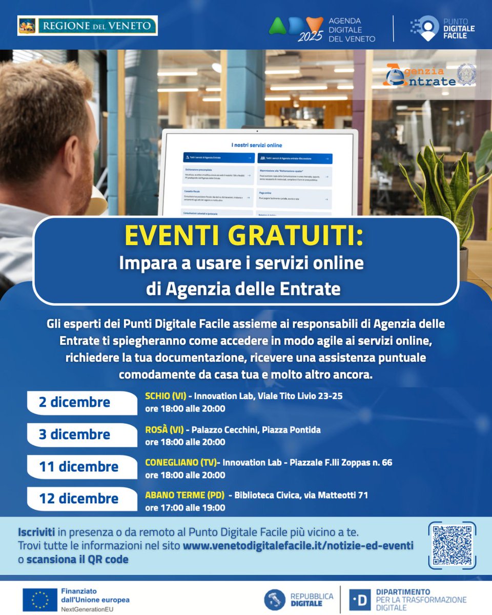 Agenzia_Entrate's tweet image. #Veneto: prosegue il ciclo di incontri aperti ai cittadini sui #servizi #fiscali #online dell’Agenzia. Vi spieghiamo come aprire il #cassetto fiscale, registrare un contratto di #locazione o inviare documenti via web. Leggi qui i prossimi appuntamenti 👉 t.ly/4yTHI