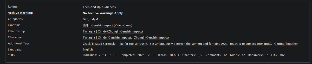 🃏 a house of (Genius Invokation TCG) cards
🃏 #zhongchi and a romantic roadtrip to sumeru (unless...?!)
🃏 archiveofourown.org/works/56521828…