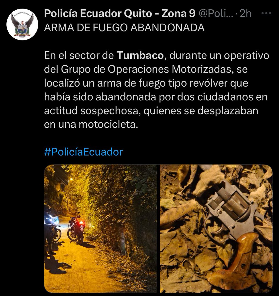 Dos ciudadanos que transitaban en motocicleta, en Tumbaco, se vieron obligados a abandonar una arma de fuego entre los matorrales, para evitar ser detenidos. El hecho se dio la tarde de este miércoles, 10 de diciembre.