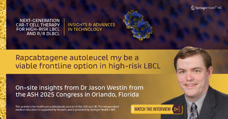 SpringerIME's tweet photo. Dr. Jason Westin shares the latest findings on rapcabtagene autoleucel for the treatment of patients with high-risk large B-cell lymphoma autologous in the first setting, direct from ASH 2025.