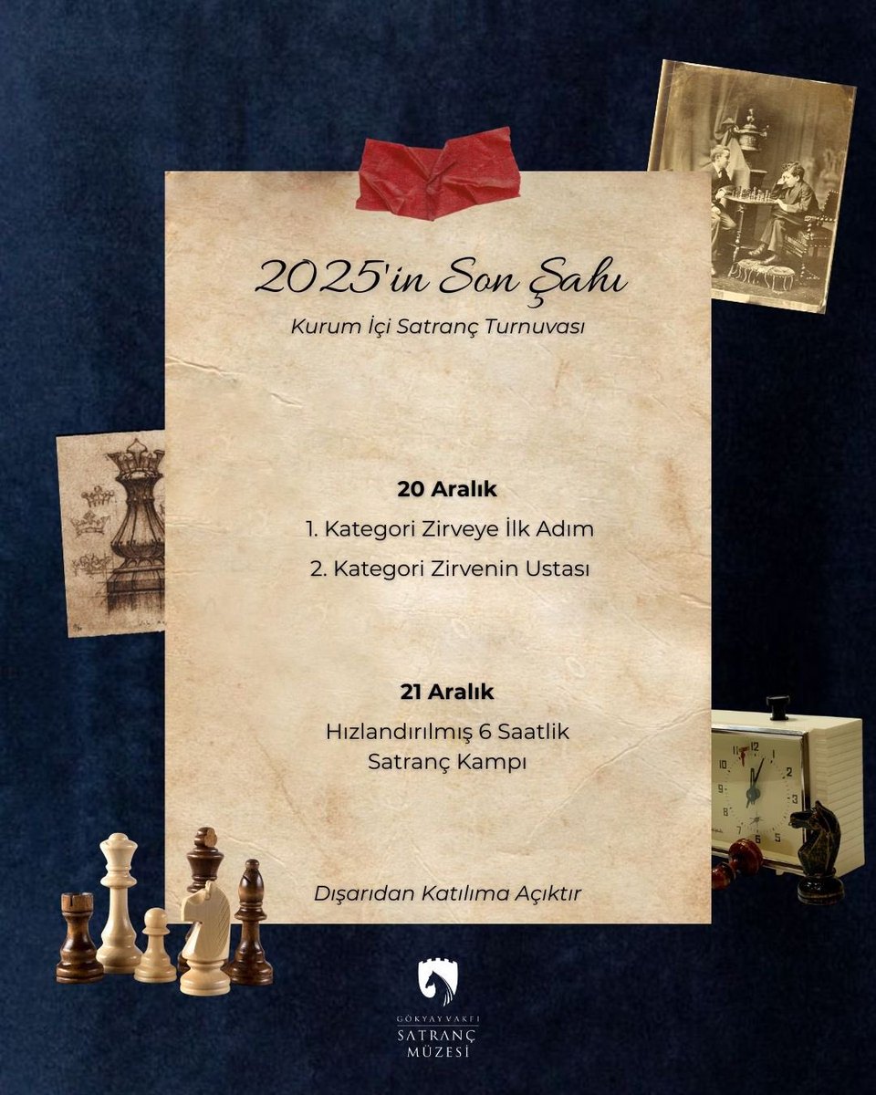 Gökyay’da yılın son hamlesi geliyor! ♟️
6–14 yaş arası çocuklar için düzenlediğimiz kurum içi satranç turnuvası ve
ertesi gün gerçekleştirilecek hızlandırılmış satranç kampı ile dopdolu bir hafta sonu sizi bekliyor.

• Turnuvaya katılım ücretsizdir.
• Kamp (eğitim) ücretlidir.