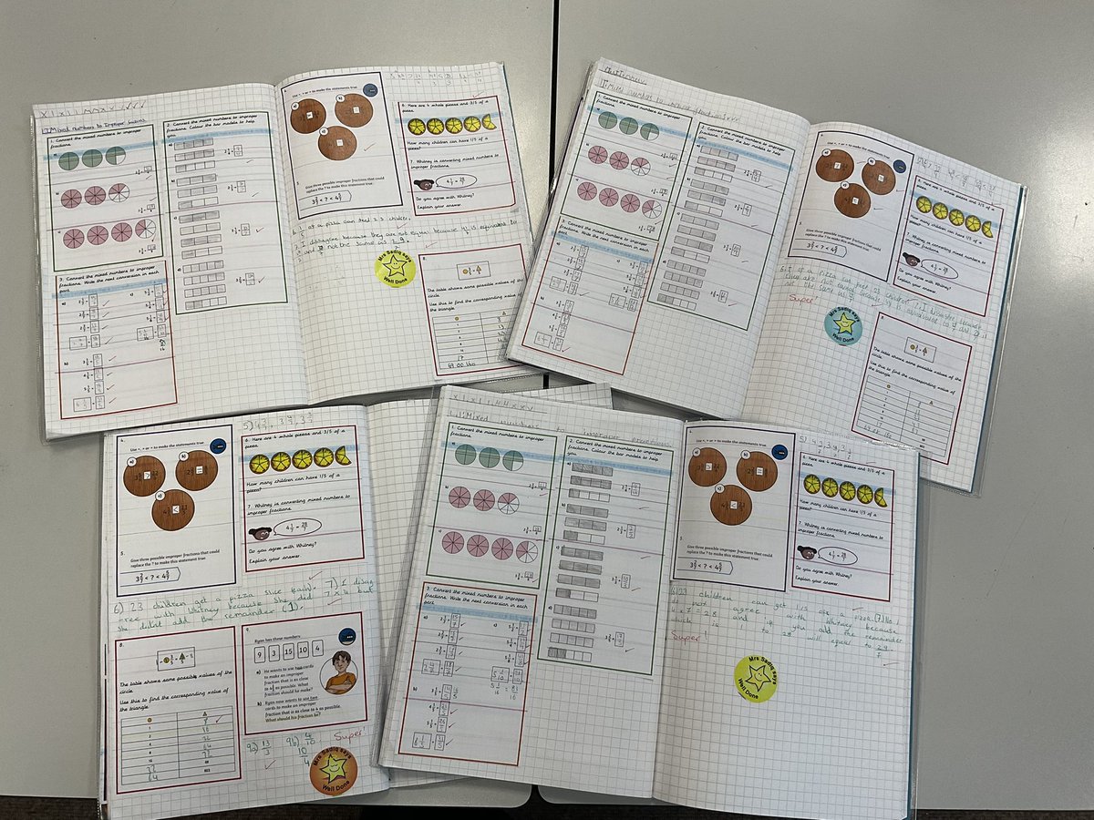 MarshfieldPS's tweet photo. Amazing maths work being done in year 5 David Attenborough class today. Fractions are a piece of cake! #MPSMaths https://t.co/dQe3DwAgAi