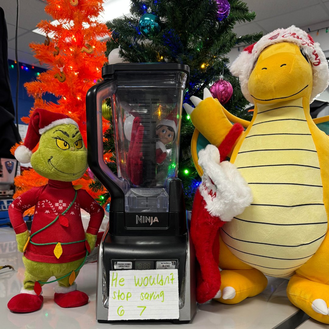 Well, well, well, it looks like Chip the elf found himself in quite the predicament! Getting stuck in a blender by Dragonite and the Grinch?! That's what happens when you say "6 7" too much, I guess! Better watch your words around those troublemakers!