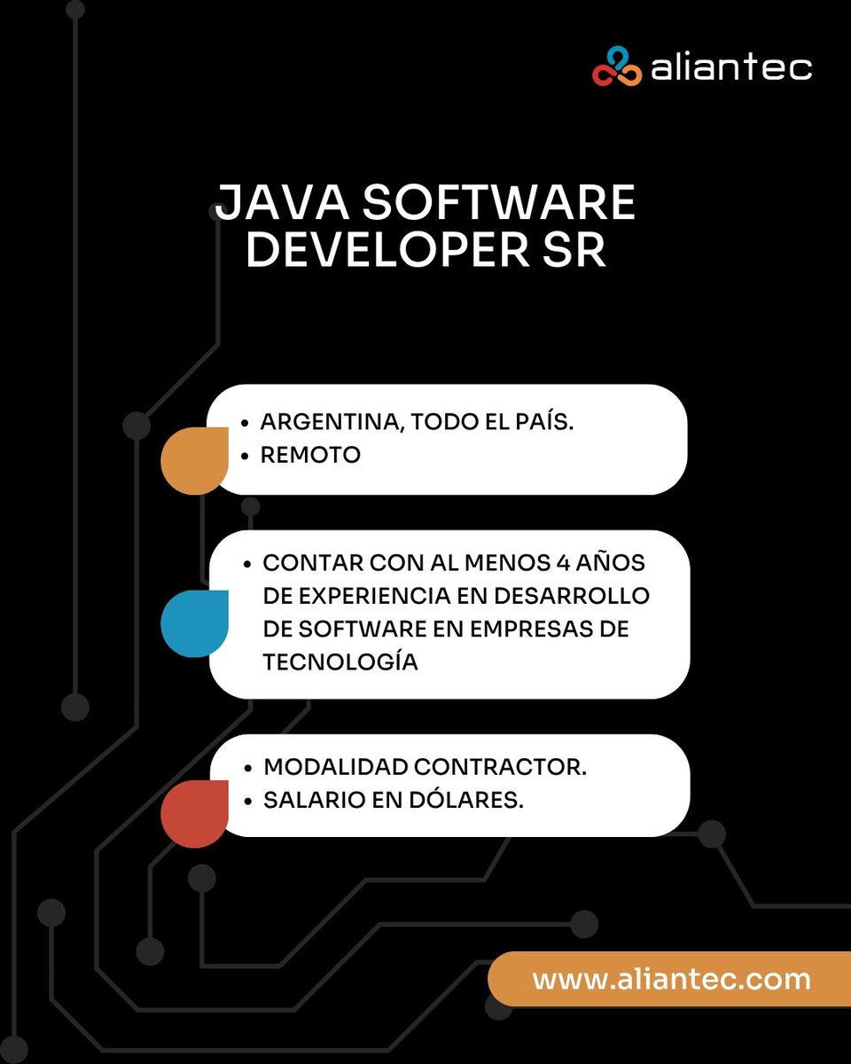 aliantec's tweet image. 🚀 Buscamos Java Software Developer Sr con experiencia en Java, Spring Boot, SQL y Git. Si sabés Node.js o AWS, suma. 💻 Trabajo 100% remoto, pago en 💵 y proyectos globales. ¡Sumate al equipo y postulate! &amp;gt; gage.short.gy/cIt6qG

#Java #Software #Devoloper #Sr