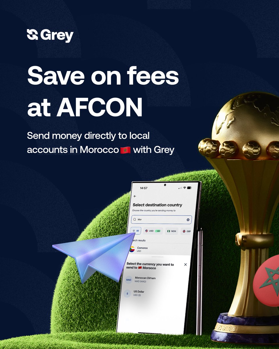 greyfinance's tweet image. Planning to be in Morocco for AFCON? 
Enjoy competitive exchange rates, low fees, and seamless transactions on your trip with Grey.

Set up your account and complete your KYC for an even more pleasant experience🇲🇦☺️ 

#AFCON