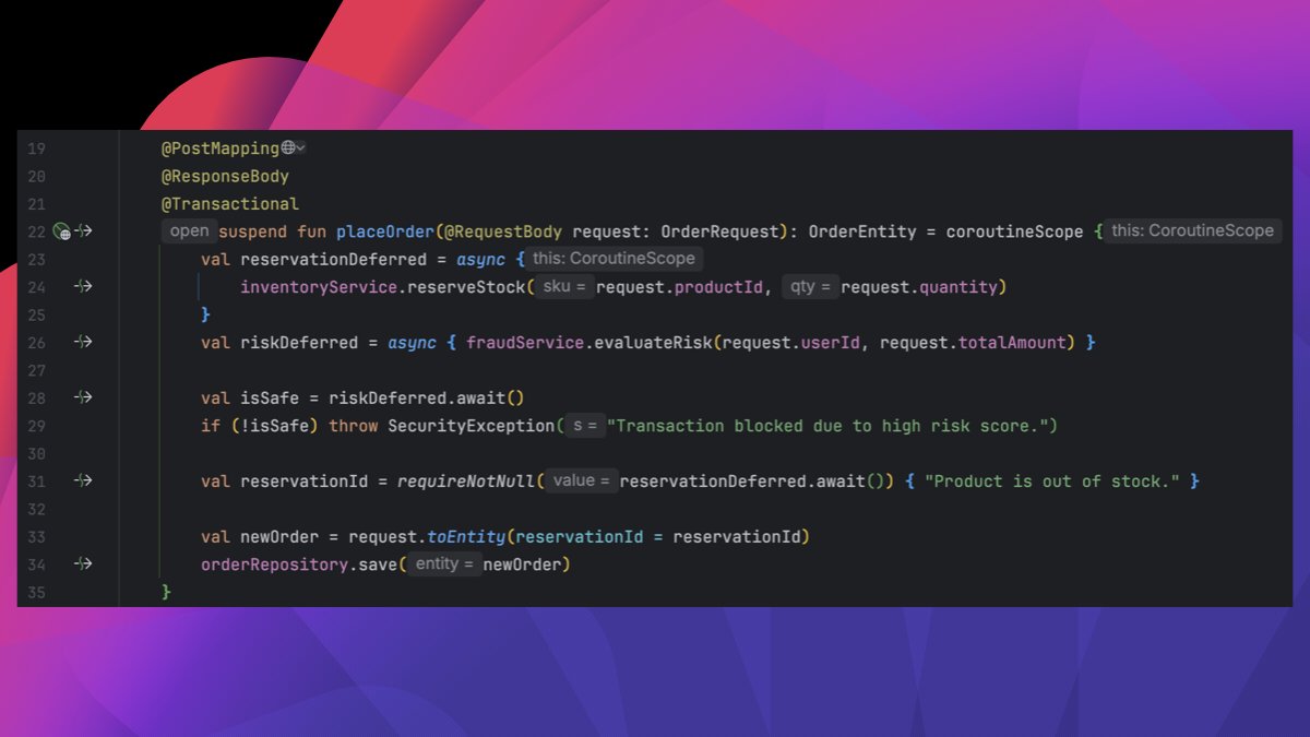 kotlin's tweet image. 🚀 Spring + Kotlin coroutines: write sequential code that runs async. No more CompletableFuture chains or reactive overload.

Docs 👉 kotl.in/u95jk8