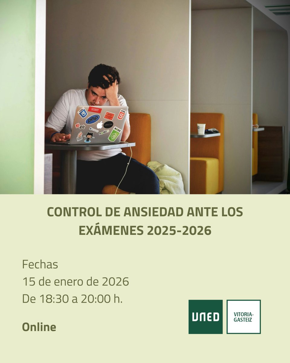 Prepárate para los exámenes sin miedo 😰📚
Matrícula gratis en el curso UNED “Control de ansiedad 2025-2026”.
🗓️ 15/01/26 · 18:30–20:00 (online)
📘 Técnicas para gestionar ansiedad y rendir mejor.

👉extension.uned.es/actividad/4957…