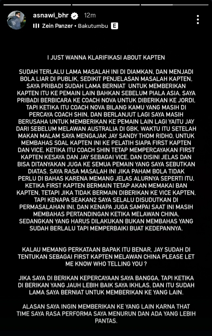🚨 Asnawi Mangkualam breaks silence on the China game captaincy drama on Instagram.