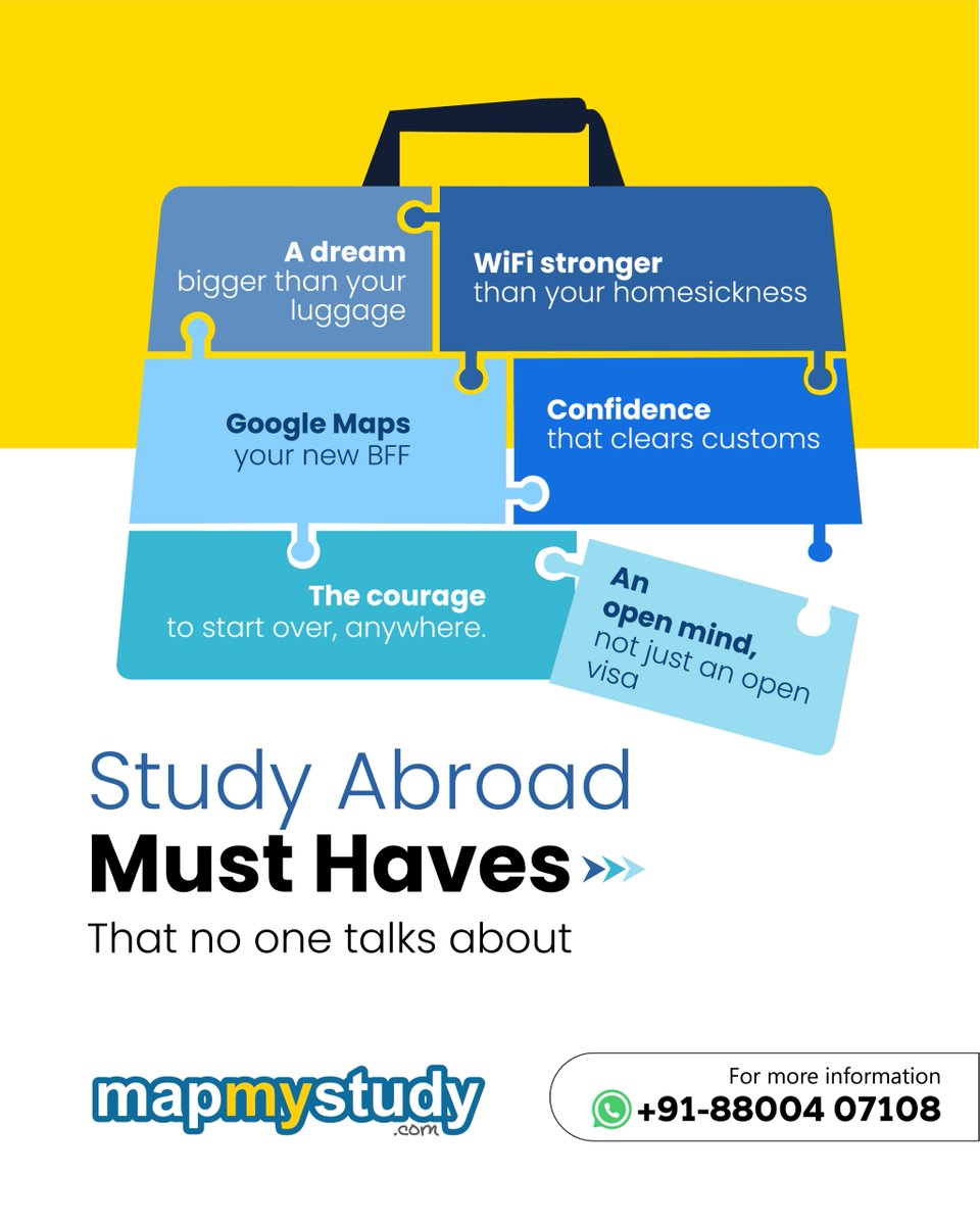 MapMyStudy's tweet photo. There are some study abroad essentials no one talks about — an open mind, confidence, and the courage to start fresh. 

If you're ready for the adventure, we’re ready to guide your steps.

📞 Contact: +91-88004 07108
#MapMyStudy #studyabroad https://t.co/OZyrQvC801