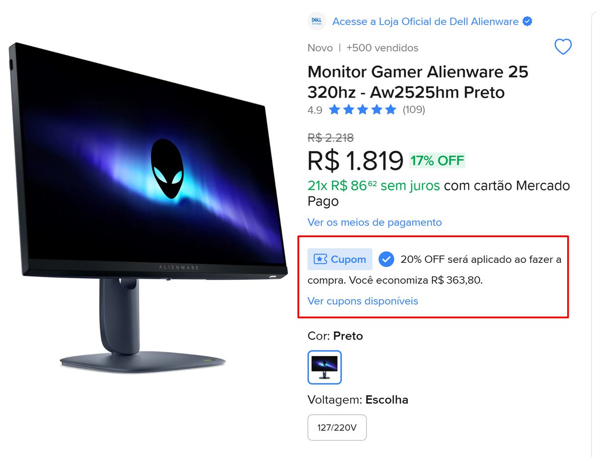 Monitor Gamer Alienware 25'' 320Hz Fast IPS - AW2525HM - R$ 1.455,20 (Cartão)

-Cupom: PROMODACASA
-Até 21x sem juros
-Loja Oficial no Mercado Livre

mercadolivre.com/sec/1a6dQBi