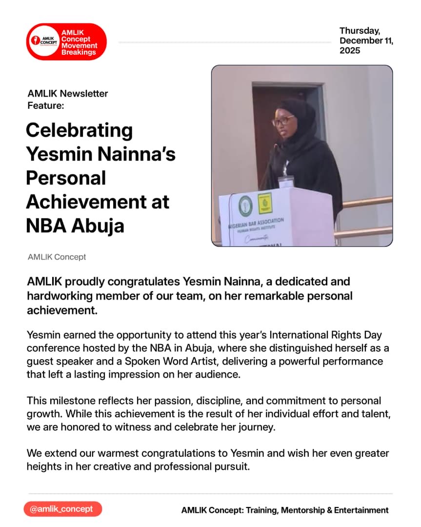 AMLIK Newsletter Feature

Celebrating Yesmin Nainna’s Personal Achievement at NBA Abuja

AMLIK proudly congratulates Yesmin Nainna, a dedicated and hardworking member of our team, on her remarkable presentation.