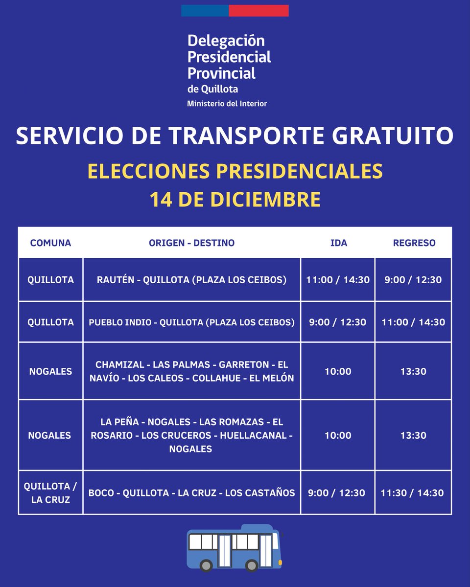 ¡Recuerda que este domingo 14 de diciembre hay elecciones! 🗳️ Revisa los recorridos gratuitos de transporte rural para la Provincia de Quillota. 🚍