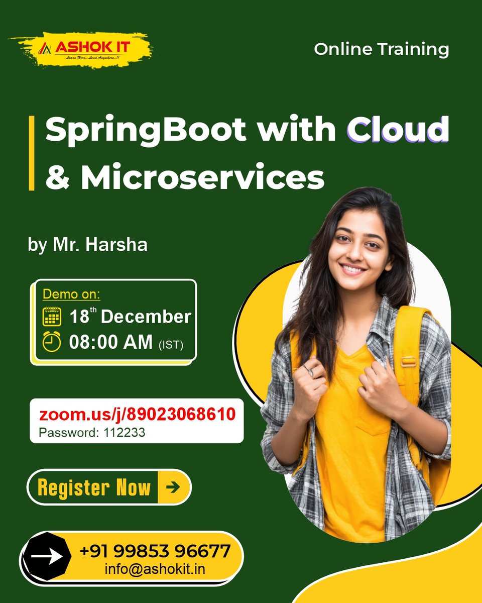 ashokitschool's tweet image. 💻 Master Spring Boot &amp;amp; Microservices – Cloud-Ready Development!
.
📲 Register Now: tr.ee/3vOadd
.
👨‍🏫 Trainer:  Mr. Harsha 
📅 Starting on: 18th Dec @ 08:00 AM(IST)
🖥️ Mode :  Online  Training 
.
#SpringBoot #Microservices #CloudComputing #JavaDeveloper