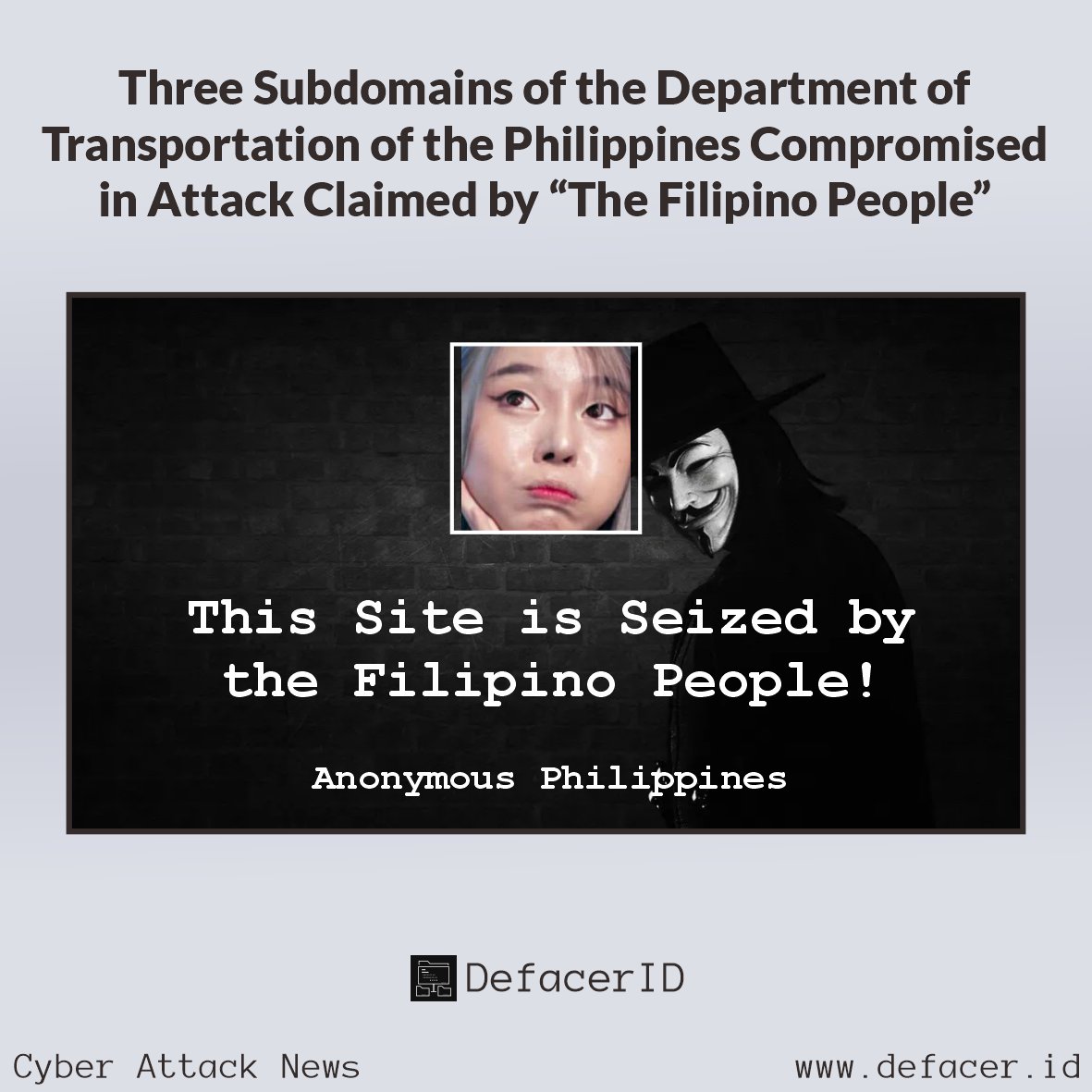 Three Subdomains of the Department of Transportation of the Philippines Compromised in Attack Claimed by “The Filipino People”

Read more: news.defacer.id/three-subdomai…