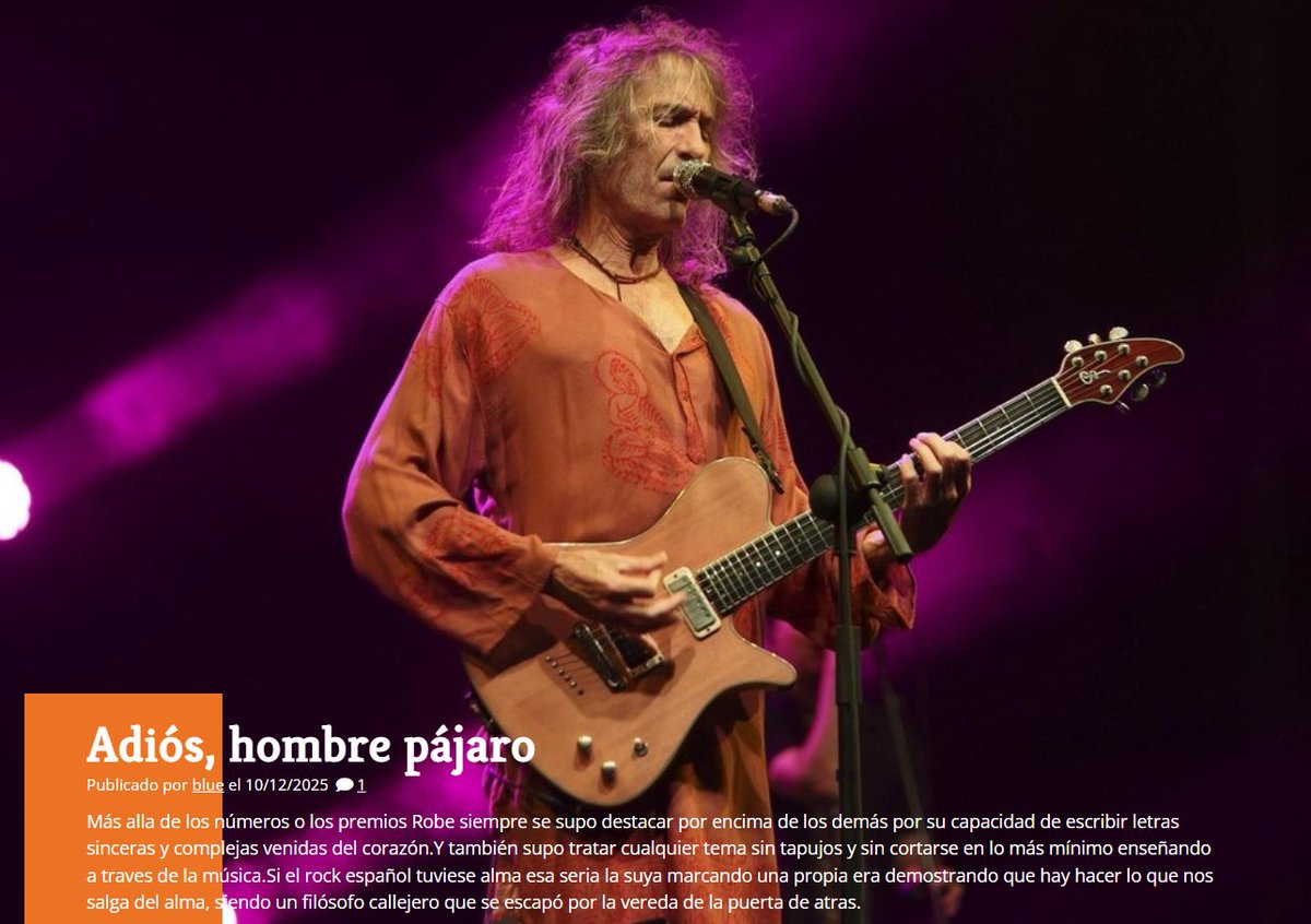 ⭐️ Adiós, hombre pájaro - por 'blue' de <a href="/montandoellocal/">MONTANDO EL LOCAL</a> 

➡️ cibercorresponsales.org/perfiles/blue/…

🗨️ #Robe siempre se supo destacar por encima de los demás por su capacidad de escribir letras sinceras y complejas venidas del corazón. Si el rock español tuviese alma, esa, seria la suya".