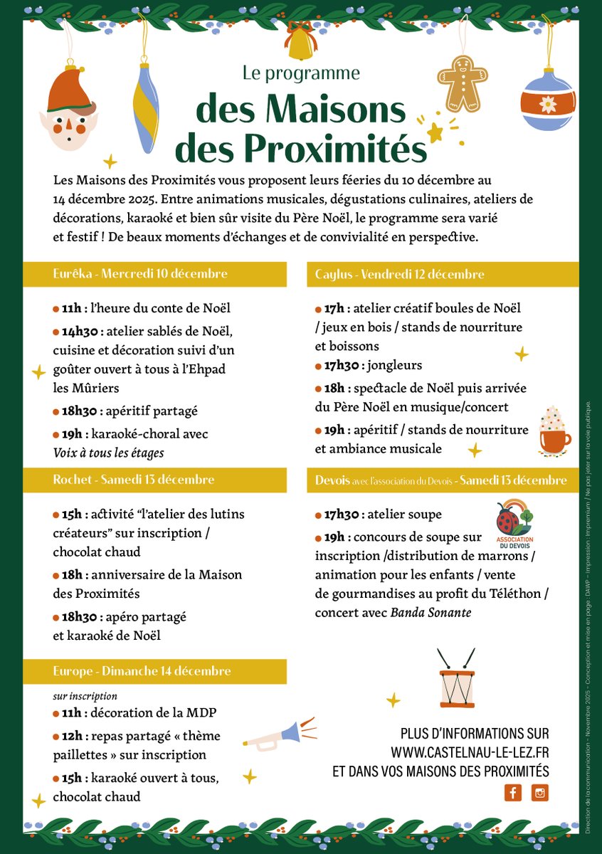 CastelnauleLez's tweet image. 🎅 Les Féeries de #Noël se poursuivent dans vos Maisons des Proximités !

Prochain rendez-vous : vendredi 12 décembre à la Maison des Proximités #Caylus.

#programme festif : contes, ateliers gourmands, décorations, karaoké, rencontres, moments partagés...