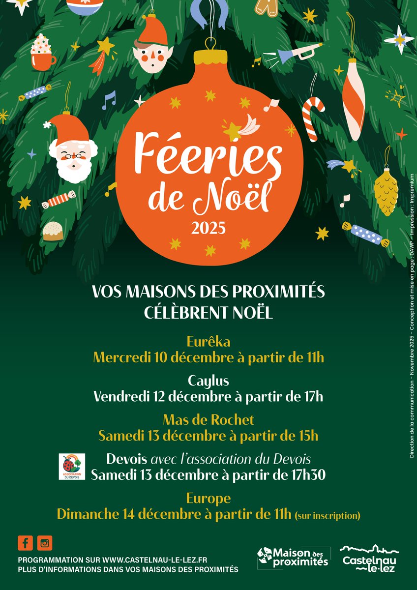 CastelnauleLez's tweet image. 🎅 Les Féeries de #Noël se poursuivent dans vos Maisons des Proximités !

Prochain rendez-vous : vendredi 12 décembre à la Maison des Proximités #Caylus.

#programme festif : contes, ateliers gourmands, décorations, karaoké, rencontres, moments partagés...