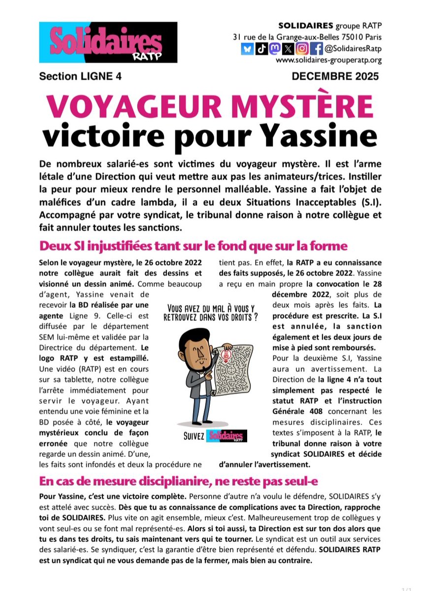 Face aux abus du #VoyageurMystere, à la #Repression de la Direction, pour défendre tes droits, ne reste pas seul-e #SI #SituationInacceptable victoire pour Yassine #AgentDeStation #Ligne4 #Metro #RATP