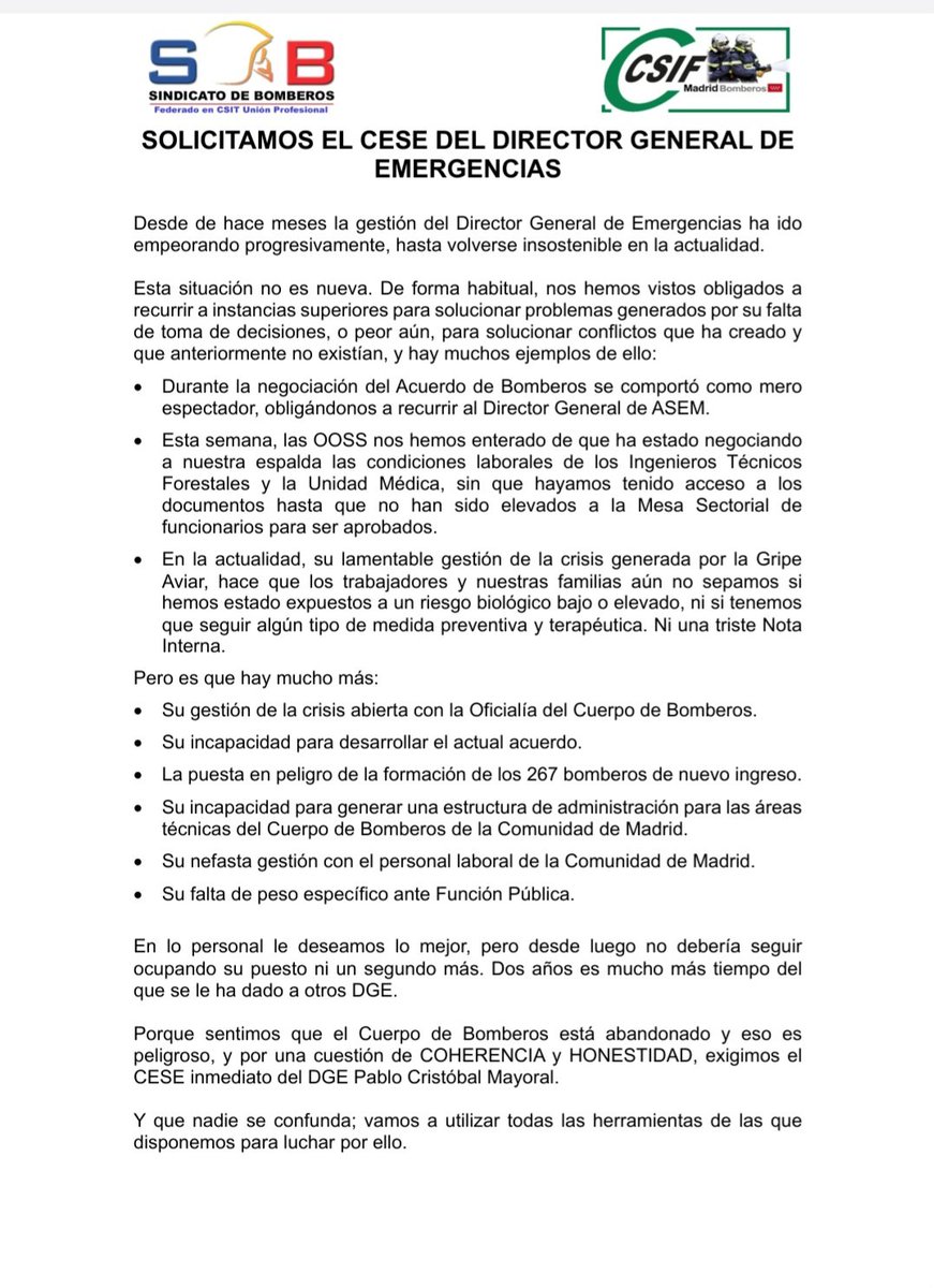 La Comunidad de #Madrid su DGE, consigue unir  a las dos ooss más importantes de #Bomberos. 

Tirando por tierra el trabajo del Consejero. 

#CSIF mayoritaria en Administración pública y SB mayoritario en #Bomberos de CM
#CESE.YA!!!!!