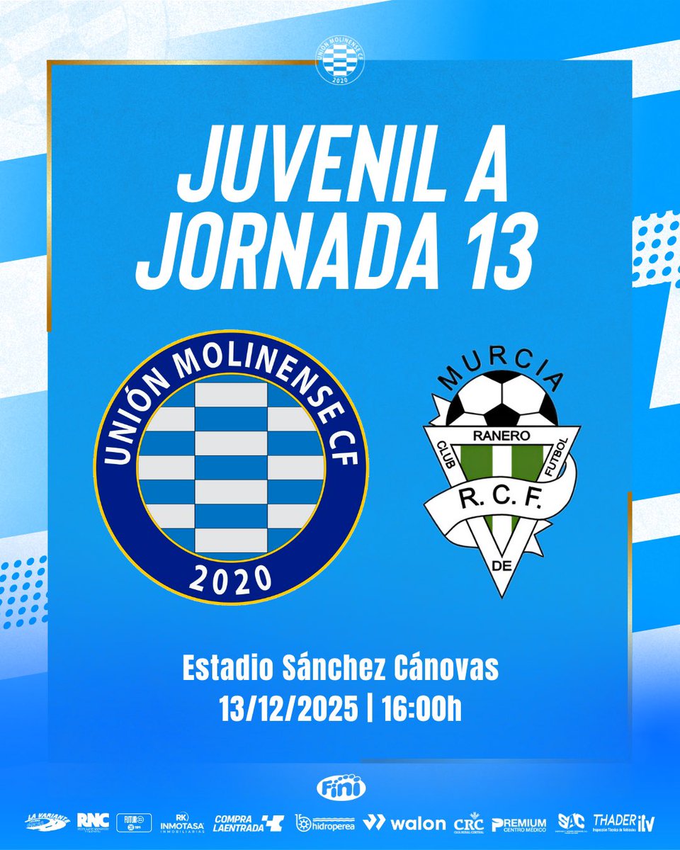 𝐉.𝟏𝟑 #𝐉𝐮𝐯𝐞𝐧𝐢𝐥𝐀 🏆|

¡𝐇𝐎𝐑𝐀𝐑𝐈𝐎 𝐂𝐎𝐍𝐅𝐈𝐑𝐌𝐀𝐃𝐎! ⌚️

⚔️ Ranero CF 
📍 Estadio Sánchez Cánovas 
🗓️ Sábado 13/12
🕓 16:00h

#MolinenseRanero