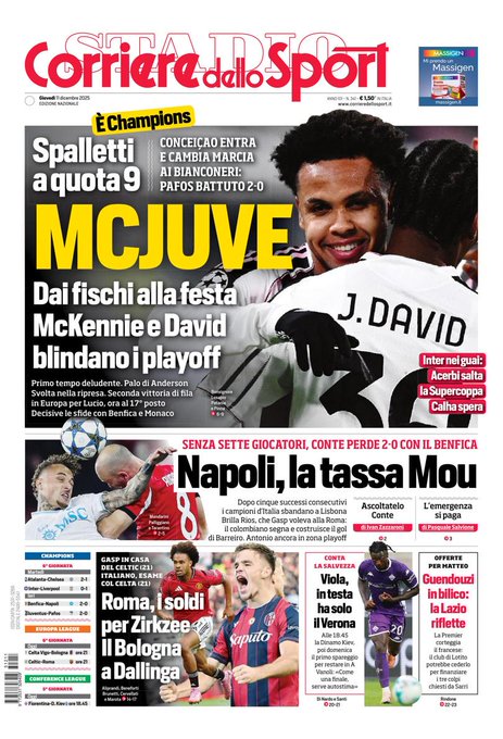 Front Page Corriere dello Sport, Thursday 11 December 2025