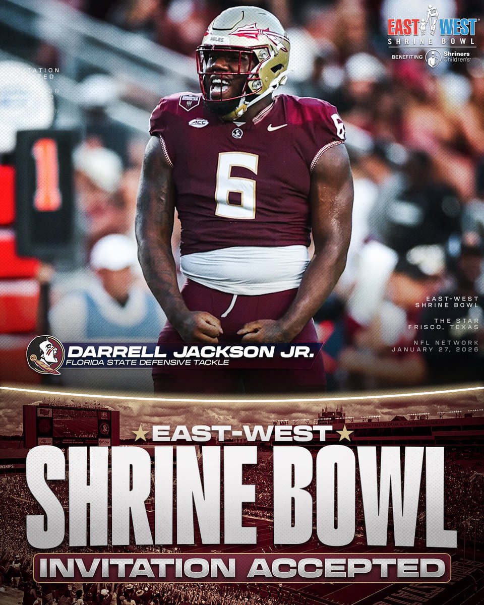 ShrineBowl's tweet image. Invitation Accepted

@FSUFootball DT Darrell Jackson Jr. (@95productions1) has officially accepted his invite to the East-West Shrine Bowl! 🍢

#NoleFamily | #ShrineBowlWHOSNEXT 😎